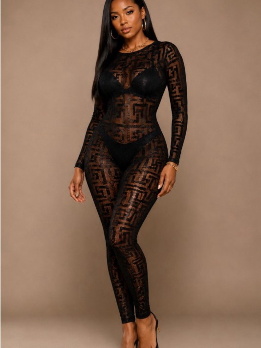 Sheer Geometric Lace Jumpsuit - Black JS6102LS